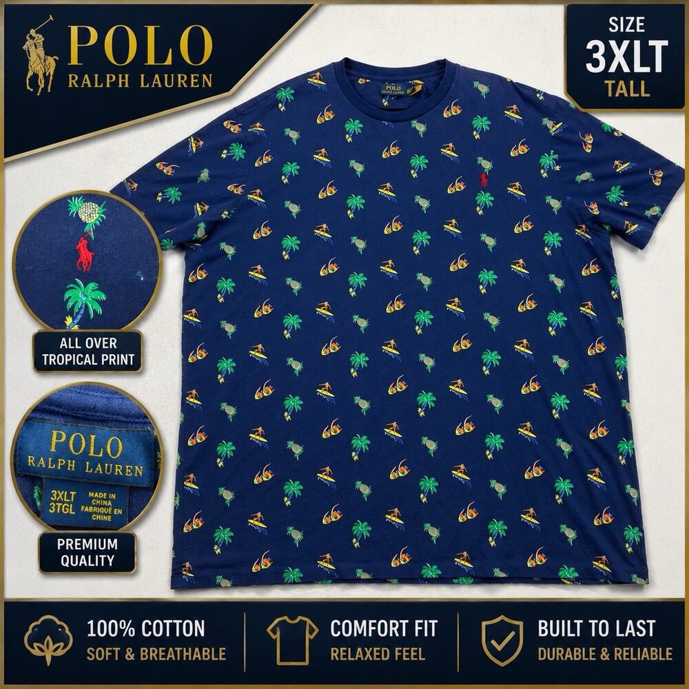 Polo Ralph Lauren T Shirt Men’s 3XLT Blue Hawaiian Tropical Surf Print Tee